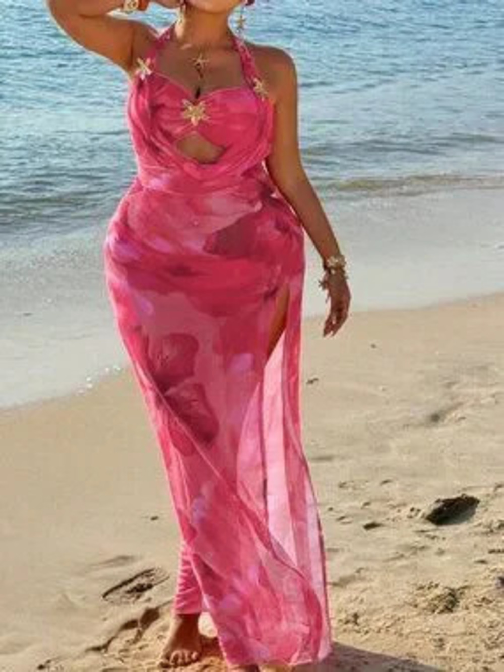 Pink Boho Women's Sexy Backless Mesh Tropical Floral Print Maxi Dress